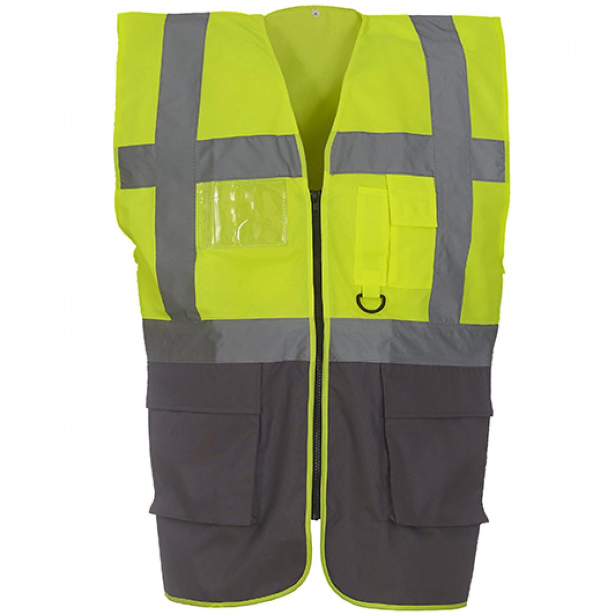 Hersteller: YOKO Herstellernummer: HVW801 Artikelbezeichnung: Herren Multi-Functional Executive Waistcoat Farbe: Hi-Vis Yellow/Grey