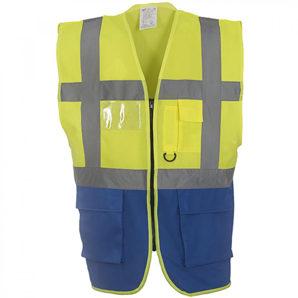 Hersteller: YOKO Herstellernummer: HVW801 Artikelbezeichnung: Herren Multi-Functional Executive Waistcoat Farbe: Hi-Vis Yellow/Royal Blue
