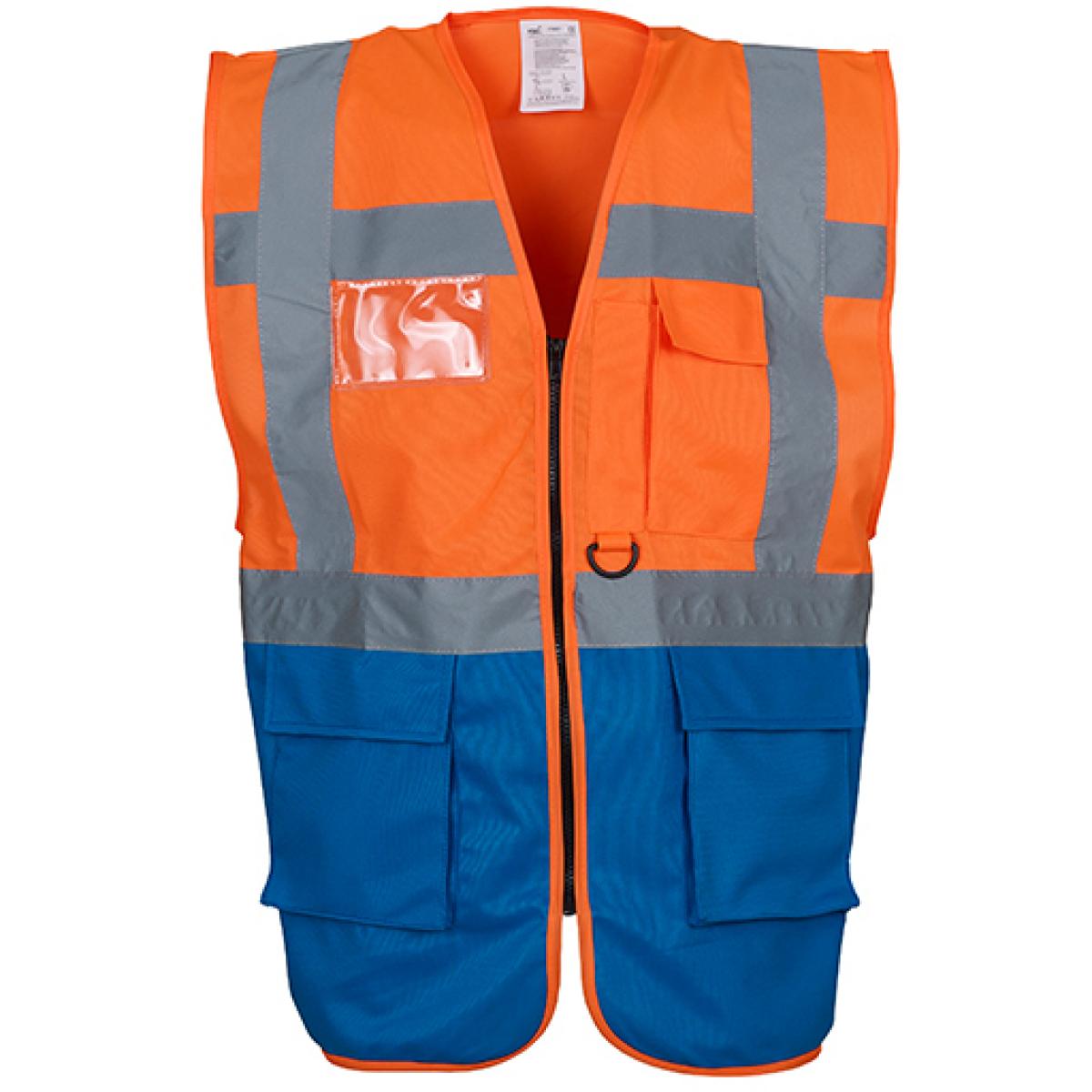 Hersteller: YOKO Herstellernummer: HVW801 Artikelbezeichnung: Herren Multi-Functional Executive Waistcoat Farbe: Hi-Vis Orange/Royal Blue