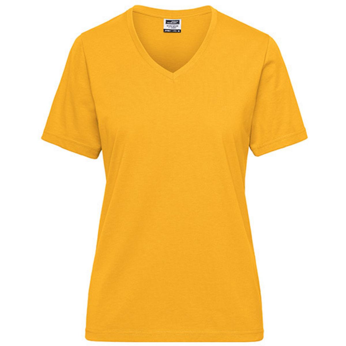 Hersteller: James+Nicholson Herstellernummer: JN1807 Artikelbezeichnung: Ladies‘ BIO Workwear T-Shirt / Damen T-Shirt - Waschbar 60C Farbe: Gold Yellow