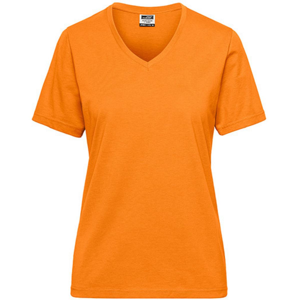 Hersteller: James+Nicholson Herstellernummer: JN1807 Artikelbezeichnung: Ladies‘ BIO Workwear T-Shirt / Damen T-Shirt - Waschbar 60C Farbe: Orange