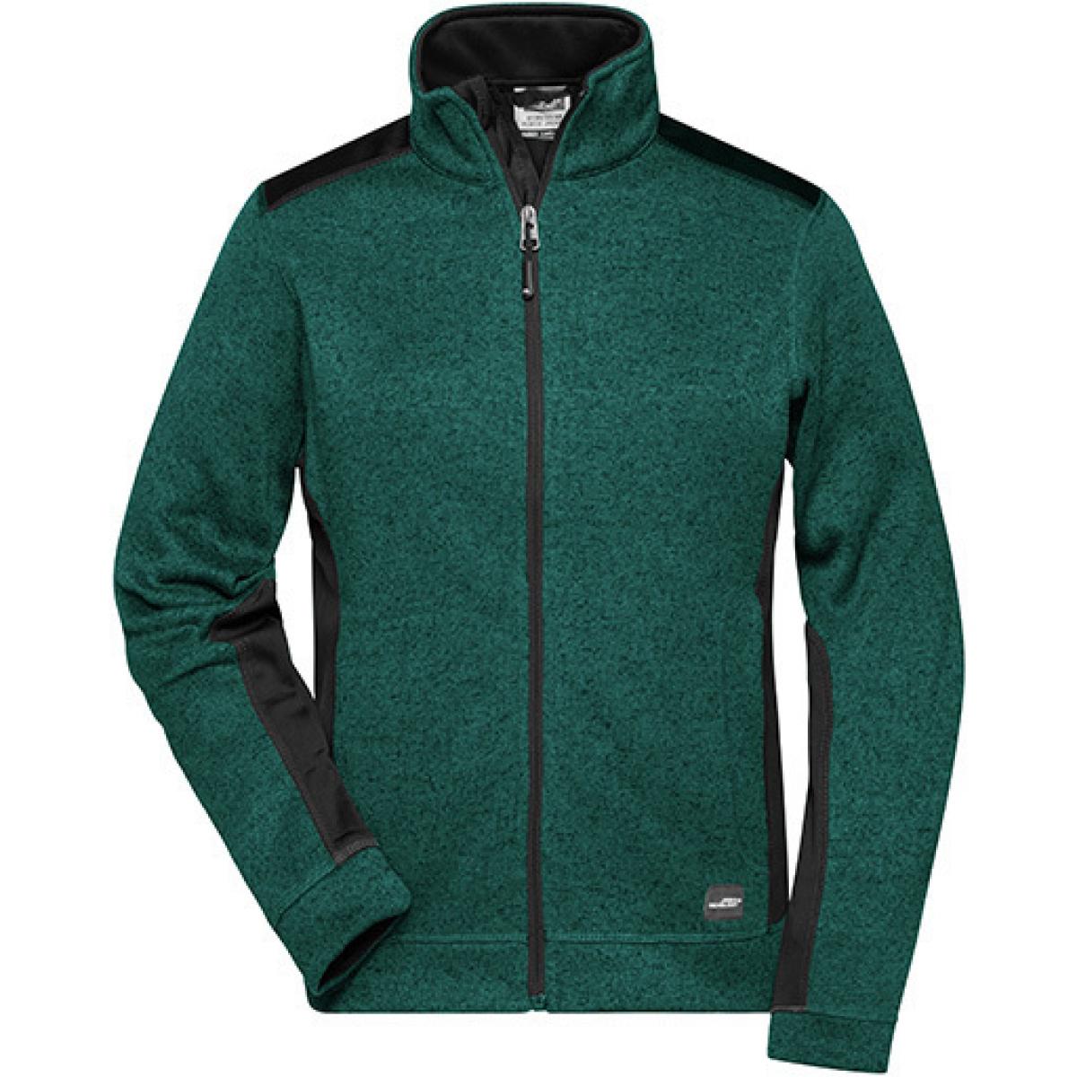 Hersteller: James+Nicholson Herstellernummer: JN861 Artikelbezeichnung: Damen Jacke, Ladies‘ Knitted Workwear Fleece Jacket -STRONG- Farbe: Dark Green Melange/Black