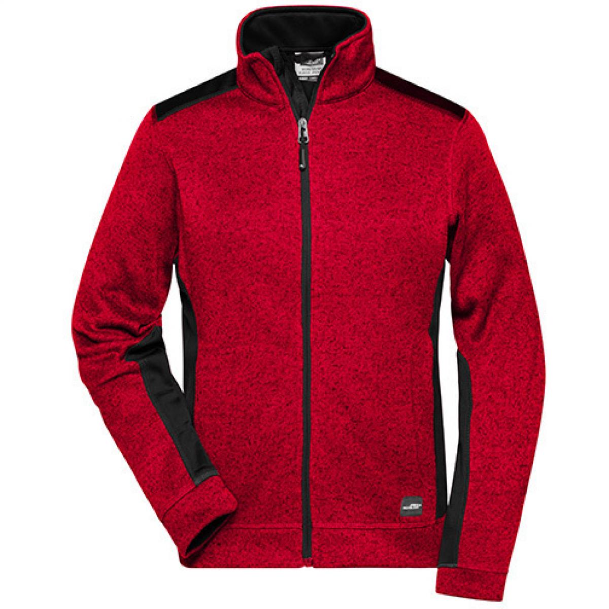 Hersteller: James+Nicholson Herstellernummer: JN861 Artikelbezeichnung: Damen Jacke, Ladies‘ Knitted Workwear Fleece Jacket -STRONG- Farbe: Red Melange/Black
