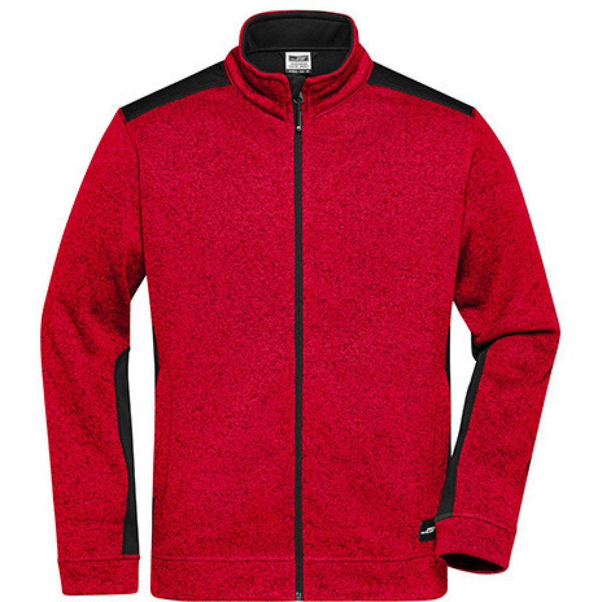 Hersteller: James+Nicholson Herstellernummer: JN862 Artikelbezeichnung: Herren Jacke, Men‘s Knitted Workwear Fleece Jacket -STRONG- Farbe: Red Melange/Black