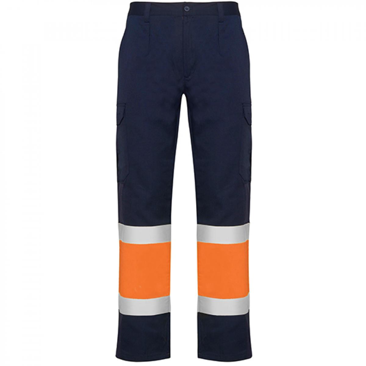 Hersteller: Roly Workwear Herstellernummer: HV9300 Artikelbezeichnung: Naos Hi-Viz Trousers - Arbeitshose mit Reflektionsstreifen Farbe: Navy Blue 55/Fluor Orange 223
