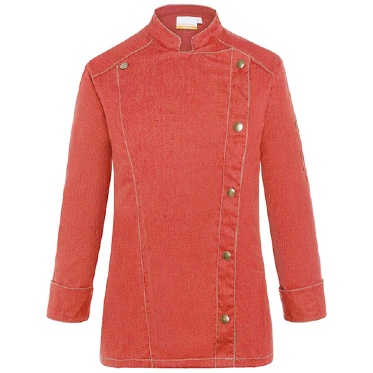 Hersteller: Karlowsky Herstellernummer: JF 20 Artikelbezeichnung: Damen Kochjacke Jeans-Style Industriewäschetauglich Farbe: Vintage Red (ca. Pantone 710C)