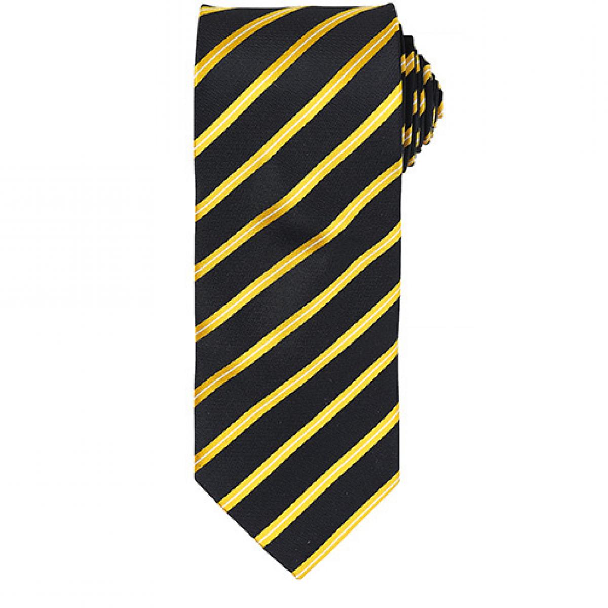 Hersteller: Premier Workwear Herstellernummer: PR784 Artikelbezeichnung: Sports Stripe Tie / Breite 3" / 7,5 cm / Länge 57" / 144 cm Farbe: Black/Gold