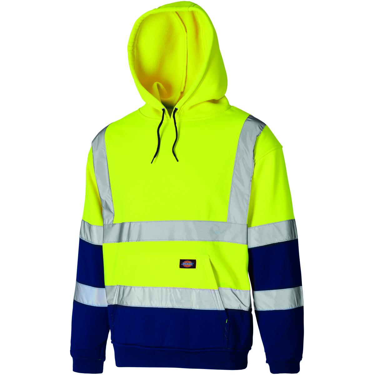 Hersteller: Dickies Herstellernummer: SA22095 Artikelbezeichnung: Hochsichtbares Zipper-Sweatshirt - EN ISO 20471:2013 Kl3 Farbe: Gelb/Marineblau